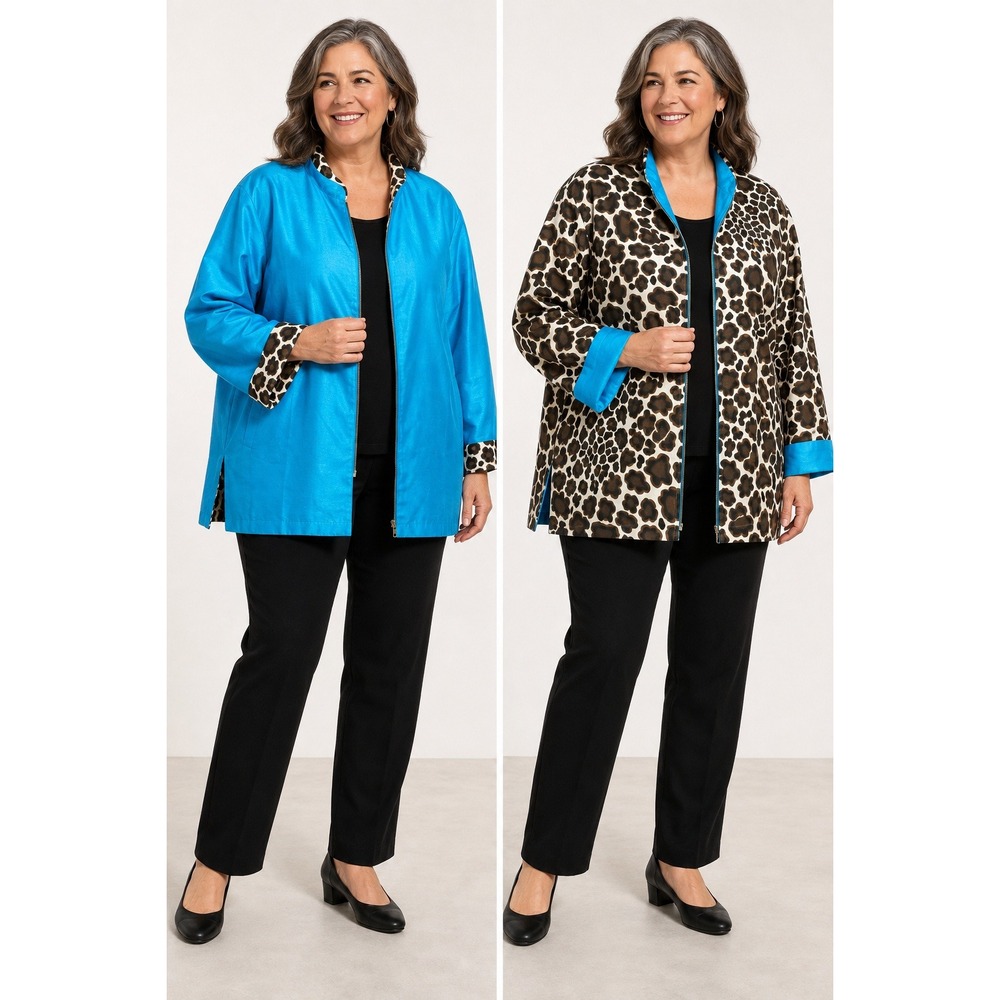 Reversible Jacket Women Plus 3X Turquoise Giraffe Animal Print Zip Shantung